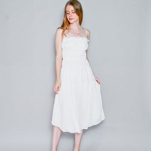 FRAME Smocked Gauzy Midi Dress in Blanc